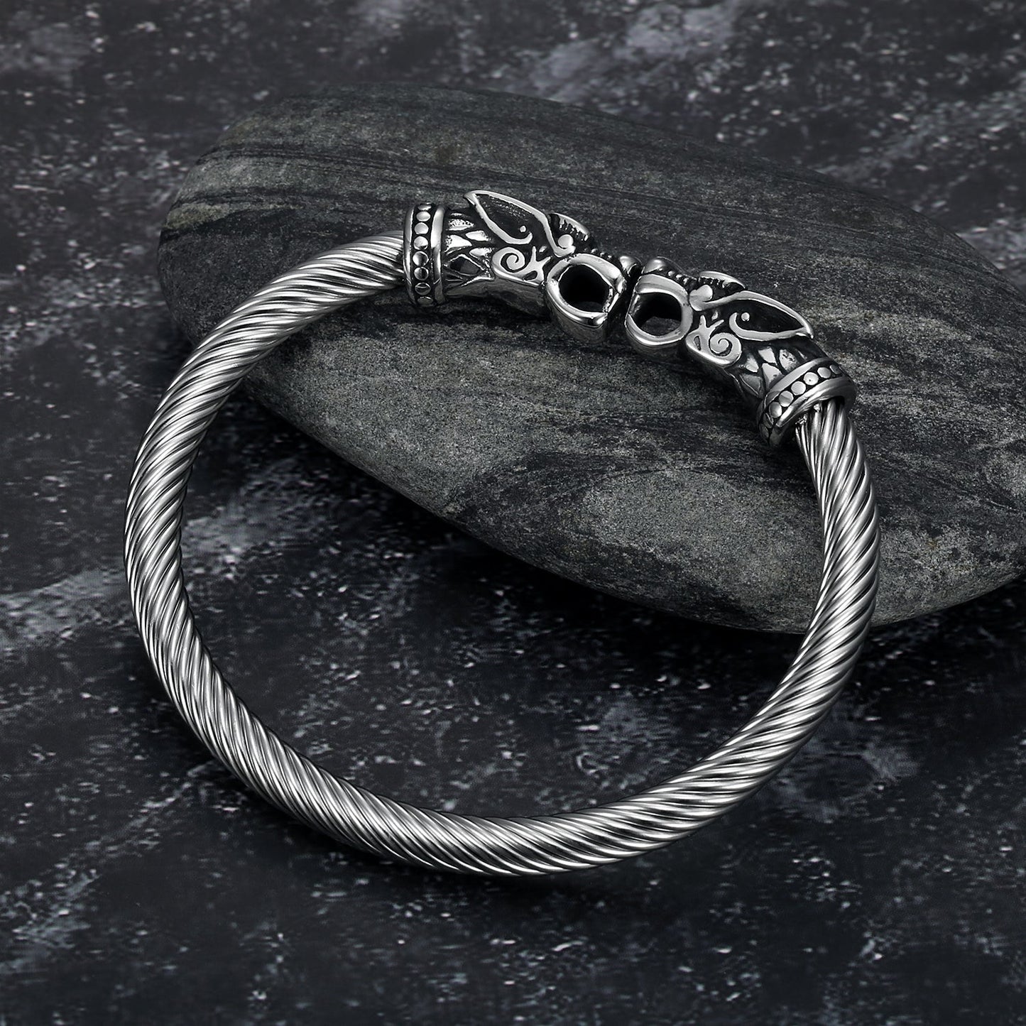 Nordic Pride Handcrafted Stainless Steel Grey Wolf Head Torc Bracelet