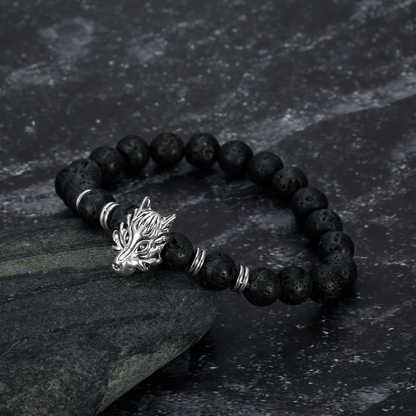 Nordic Pride Grey Wolf Head and Lava Stone Bracelet