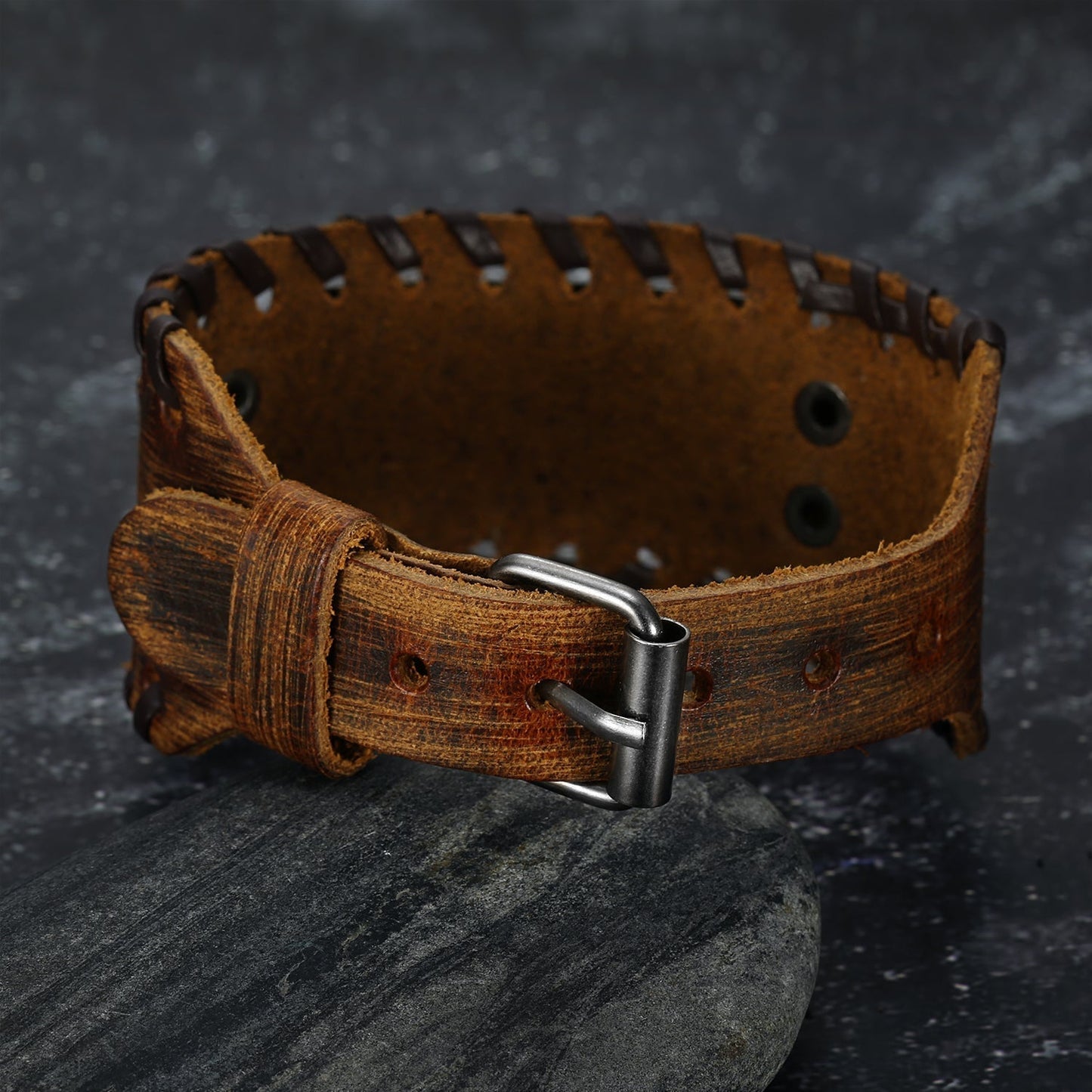 Nordic Pride Leather Buckle Arm Cuff With Metal Celtic Tree of Life Design