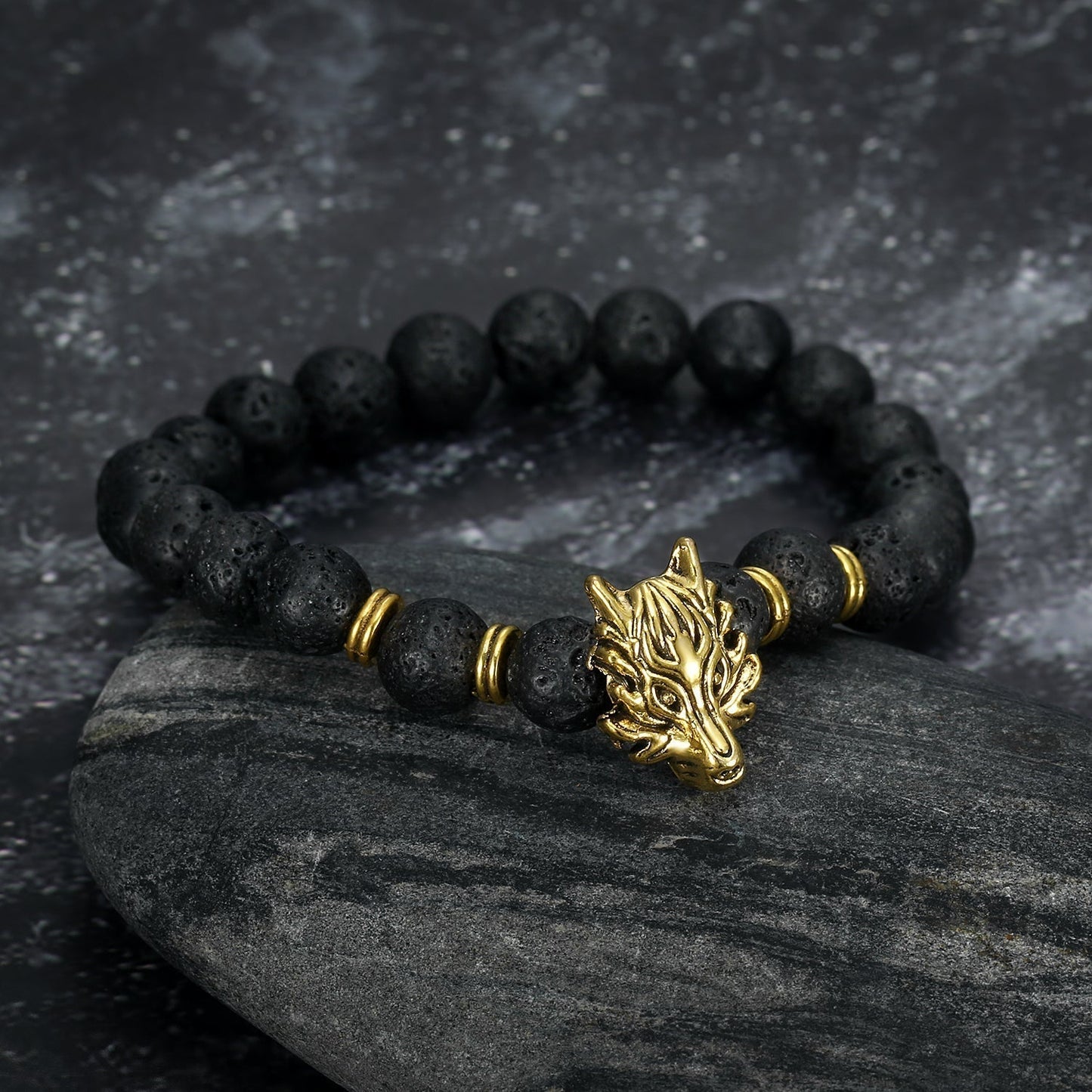 Nordic Pride Grey Wolf Head and Lava Stone Bracelet