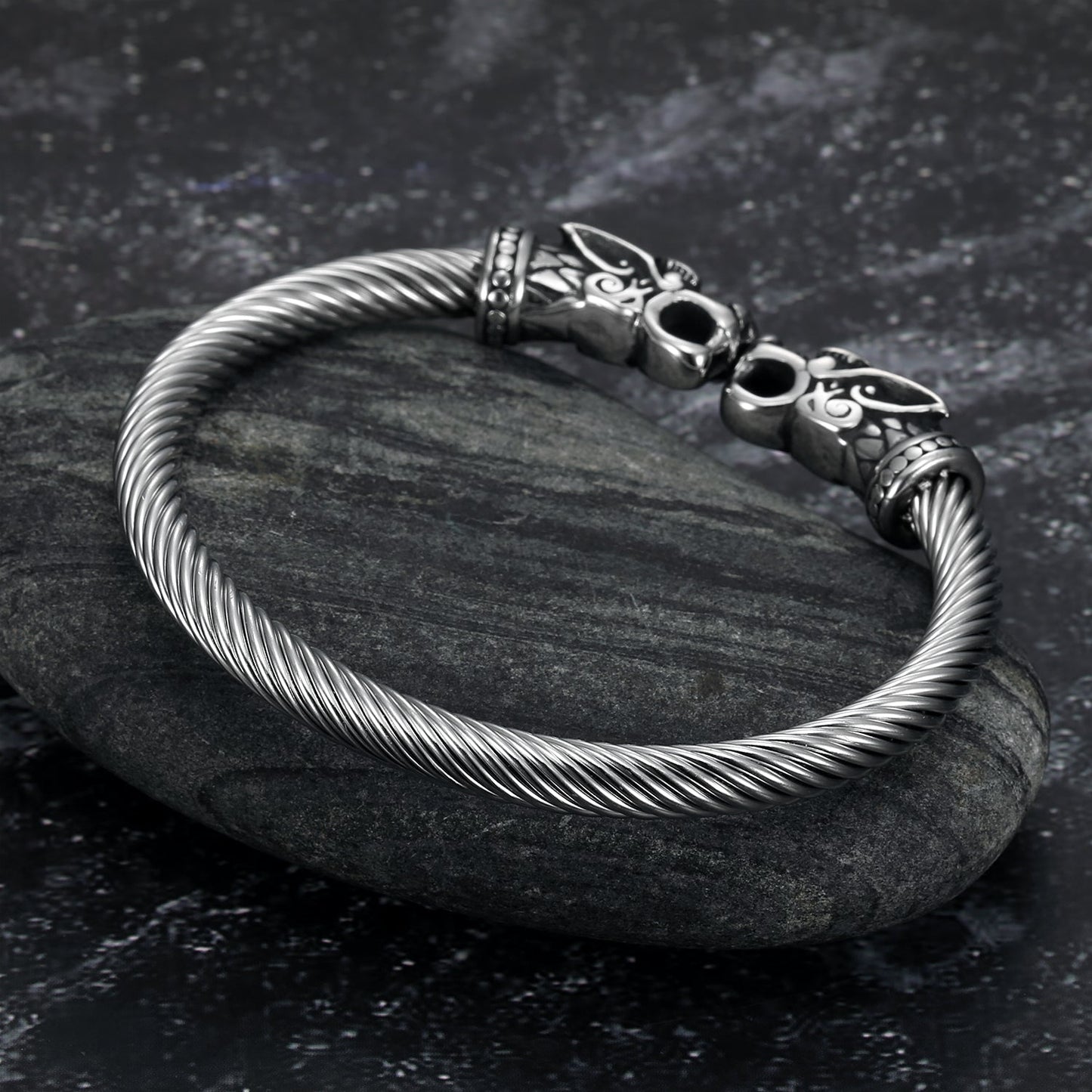Nordic Pride Handcrafted Stainless Steel Grey Wolf Head Torc Bracelet