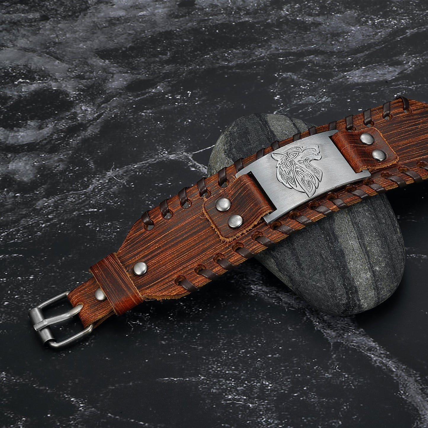 Nordic Pride Leather Buckle Arm Cuff With Fenrir Design