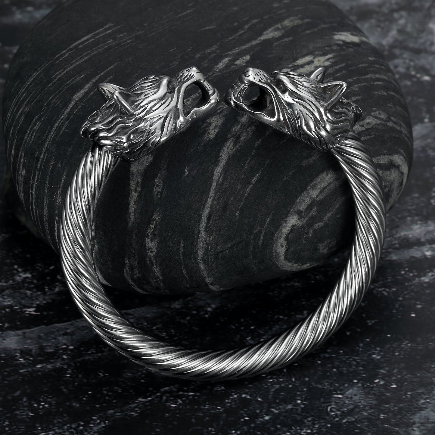 Nordic Pride Handcrafted Stainless Steel Large Grey Wolf Head Torc Bracelet