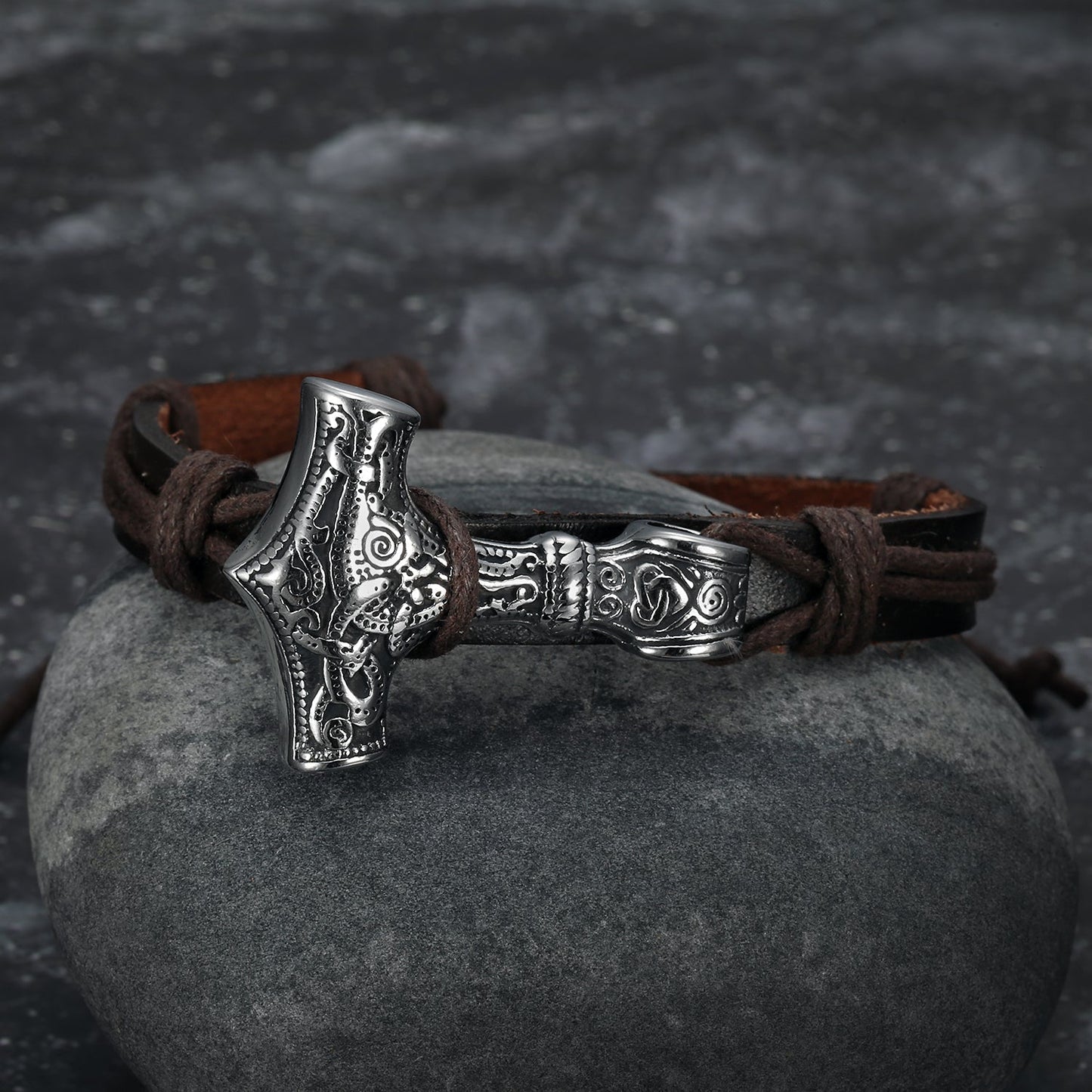 Nordic Pride Adjustable Leather Wristband With Handcrafted Stainless Steel Mjolnir