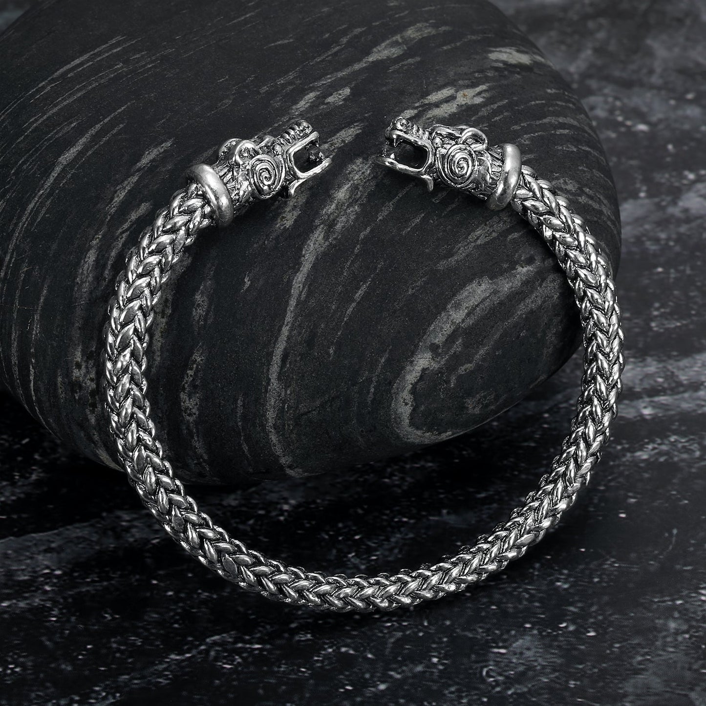 Nordic Pride Small Handcrafted Stainless Steel Grey Wolf Head Torc Bracelet