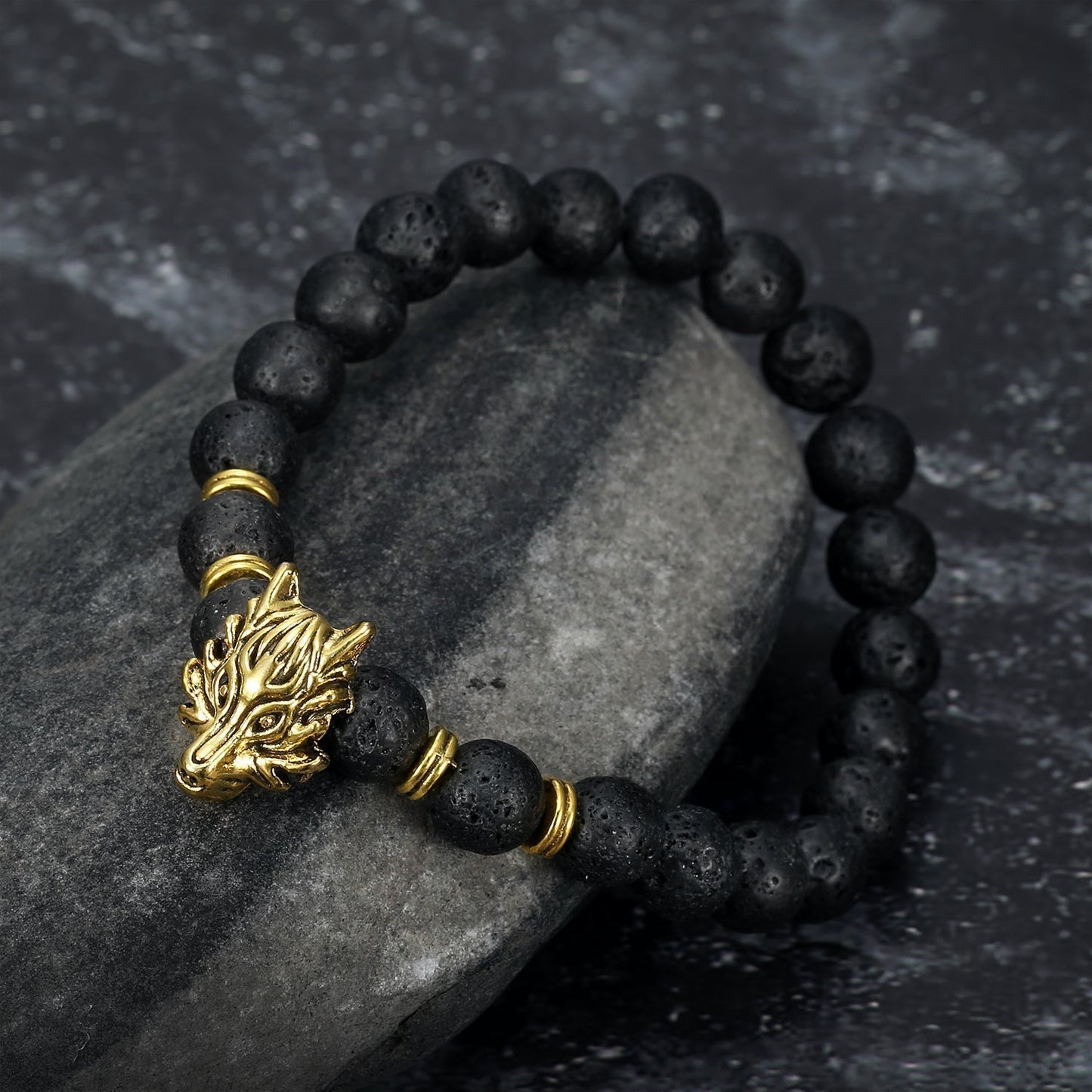 Nordic Pride Grey Wolf Head and Lava Stone Bracelet