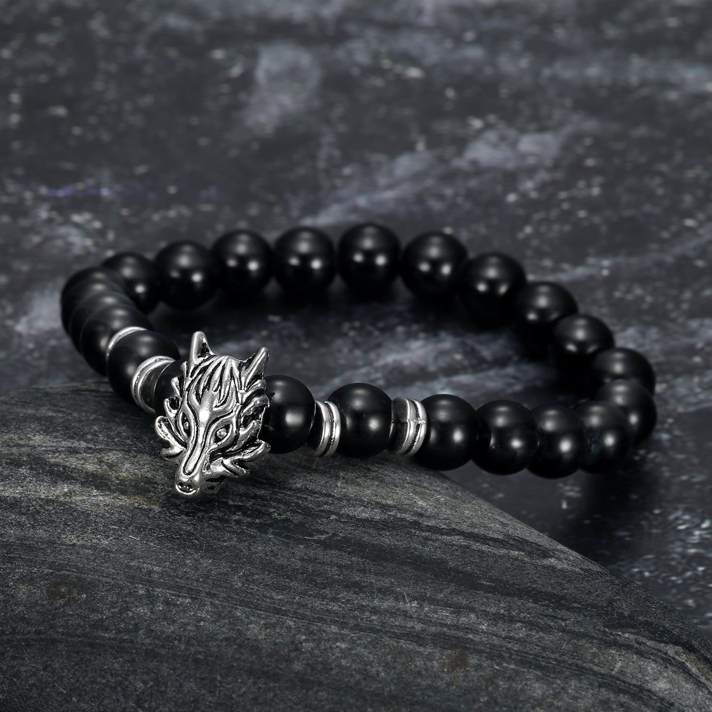 Nordic Pride Grey Wolf Head and Lava Stone Bracelet