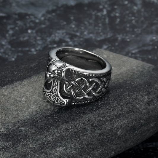 Nordic Pride Handcrafted Stainless Steel Thor's Gavel and Celtic Knotwork Ring