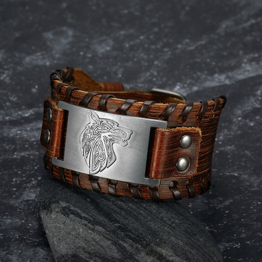 Nordic Pride Leather Buckle Arm Cuff With Fenrir Design