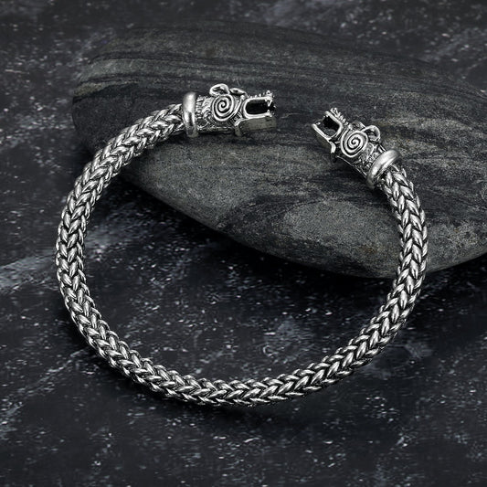 Nordic Pride Small Handcrafted Stainless Steel Grey Wolf  Head Torc Bracelet
