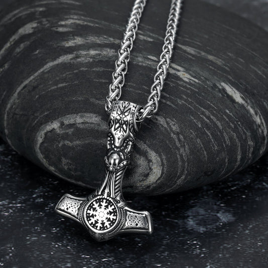 Nordic Pride Handcrafted Stainless Steel Mjolnir With Skull and Helm of Terror