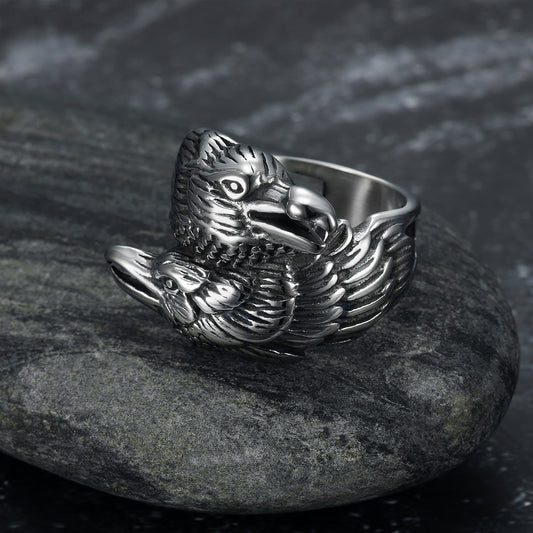 Nordic Pride Handcrafted Stainless Steel Twin Raven Ring