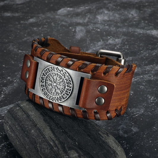 Nordic Pride Leather Buckle Arm Cuff With Metal Icelandic Stave Design