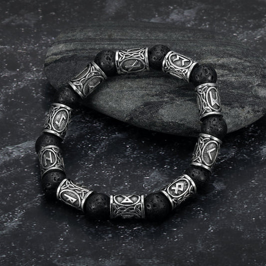 Nordic Pride Silver Rune and Black Lava Stone Bracelet