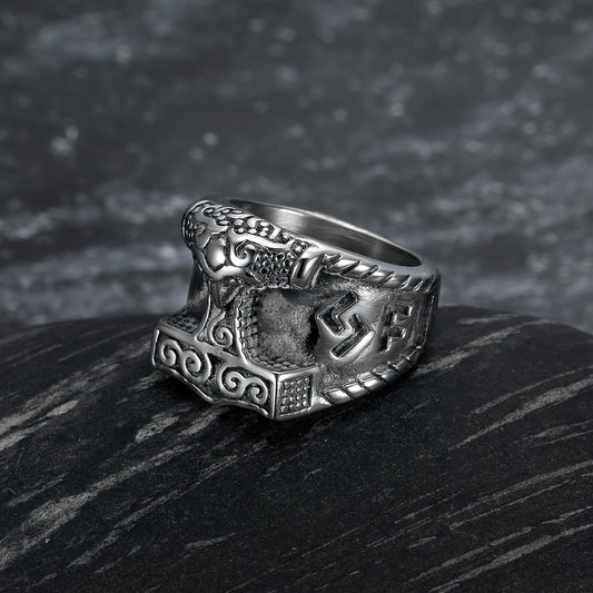 Nordic Pride Handcrafted Stainless Steel Thor's Gavel and Rune Ring