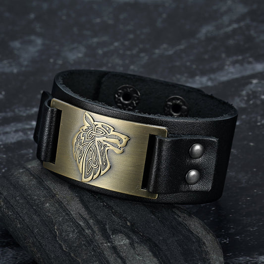 Nordic Pride Leather Nordic Grey Wolf  Head Arm Cuff