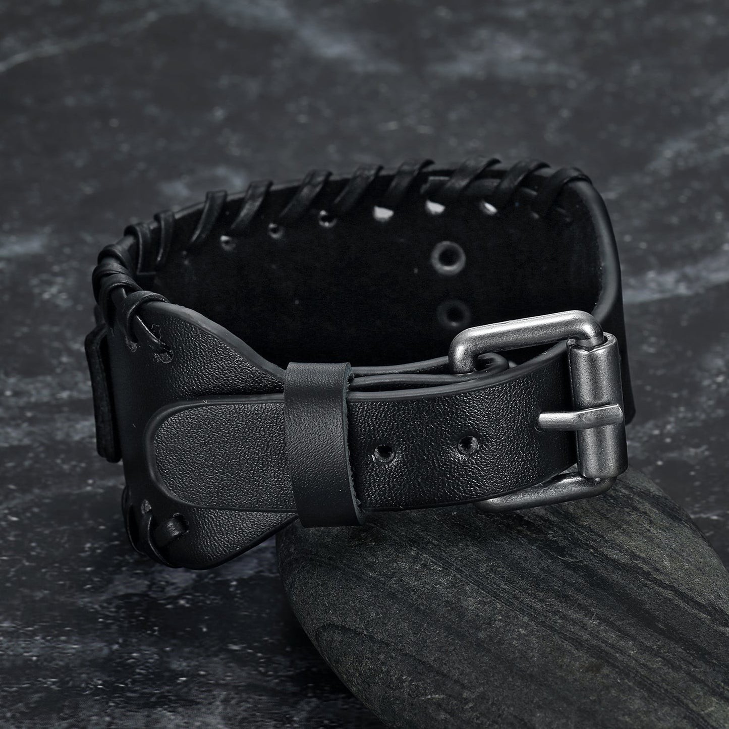 Nordic Pride Leather Buckle Arm Cuff With Metal Valknut Symbol Design