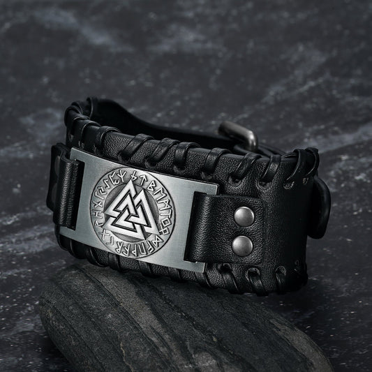 Nordic Pride Leather Buckle Arm Cuff With Metal Valknut Symbol Design