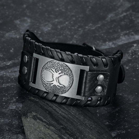 Nordic Pride Leather Buckle Arm Cuff With Metal Celtic Tree of Life Design