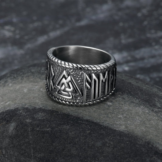 Nordic Pride Handcrafted Stainless Steel Valknut Symbol and Rune Ring