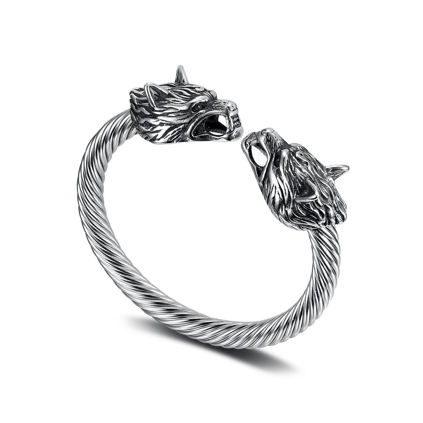 Nordic Pride Handcrafted Stainless Steel Large Grey Wolf  Head Torc Bracelet