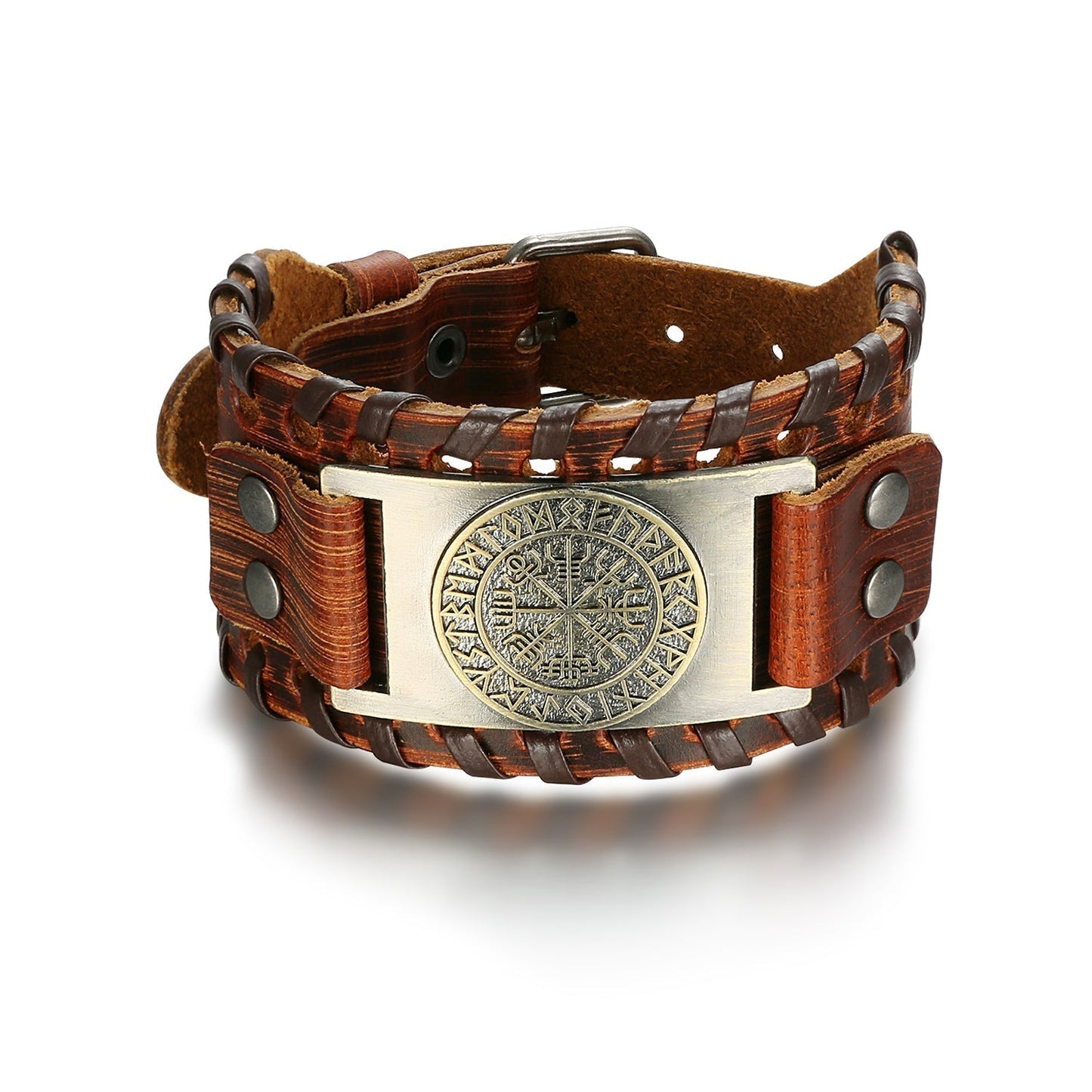 Nordic Pride Leather Buckle Arm Cuff With Metal Icelandic Stave Design
