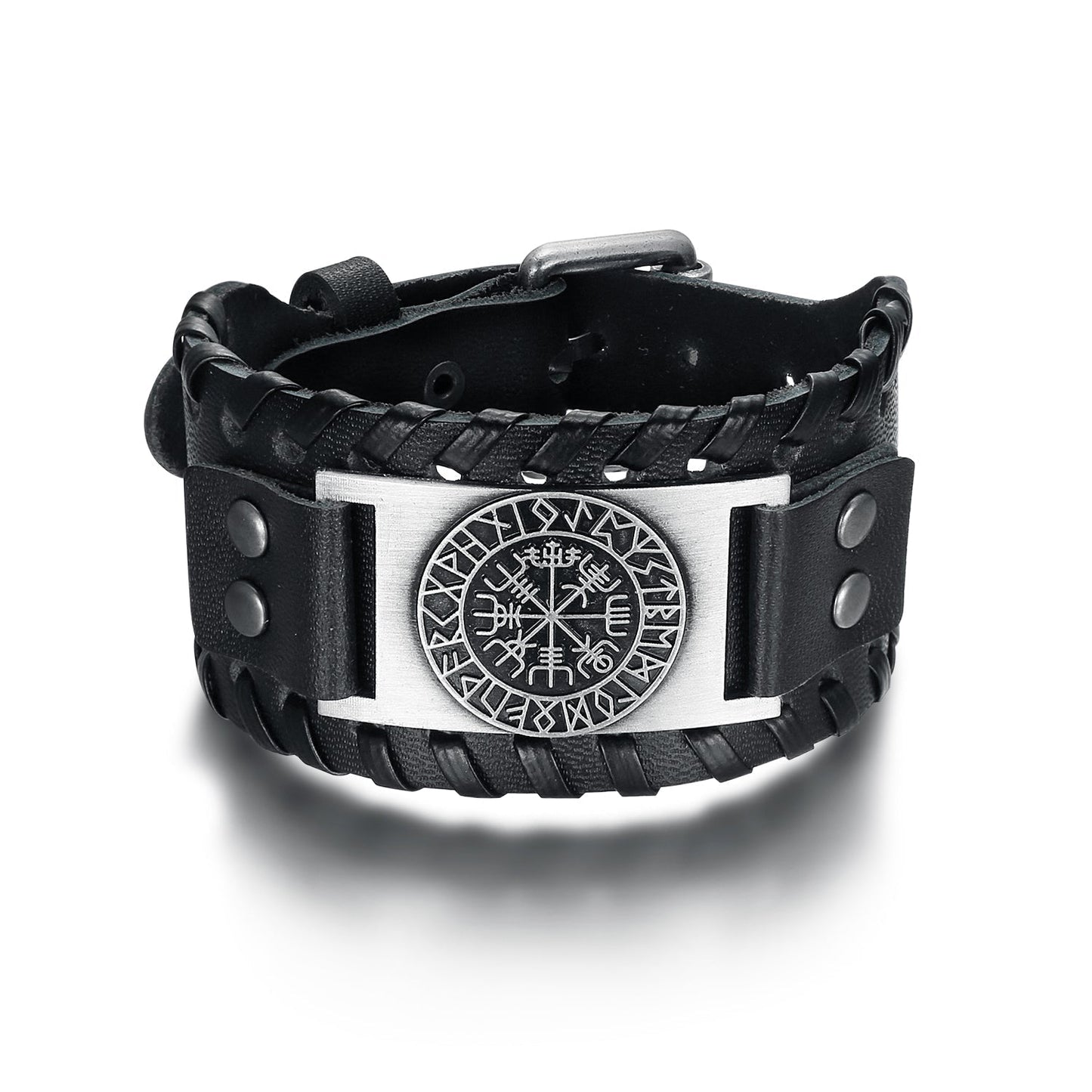 Nordic Pride Leather Buckle Arm Cuff With Metal Icelandic Stave Design